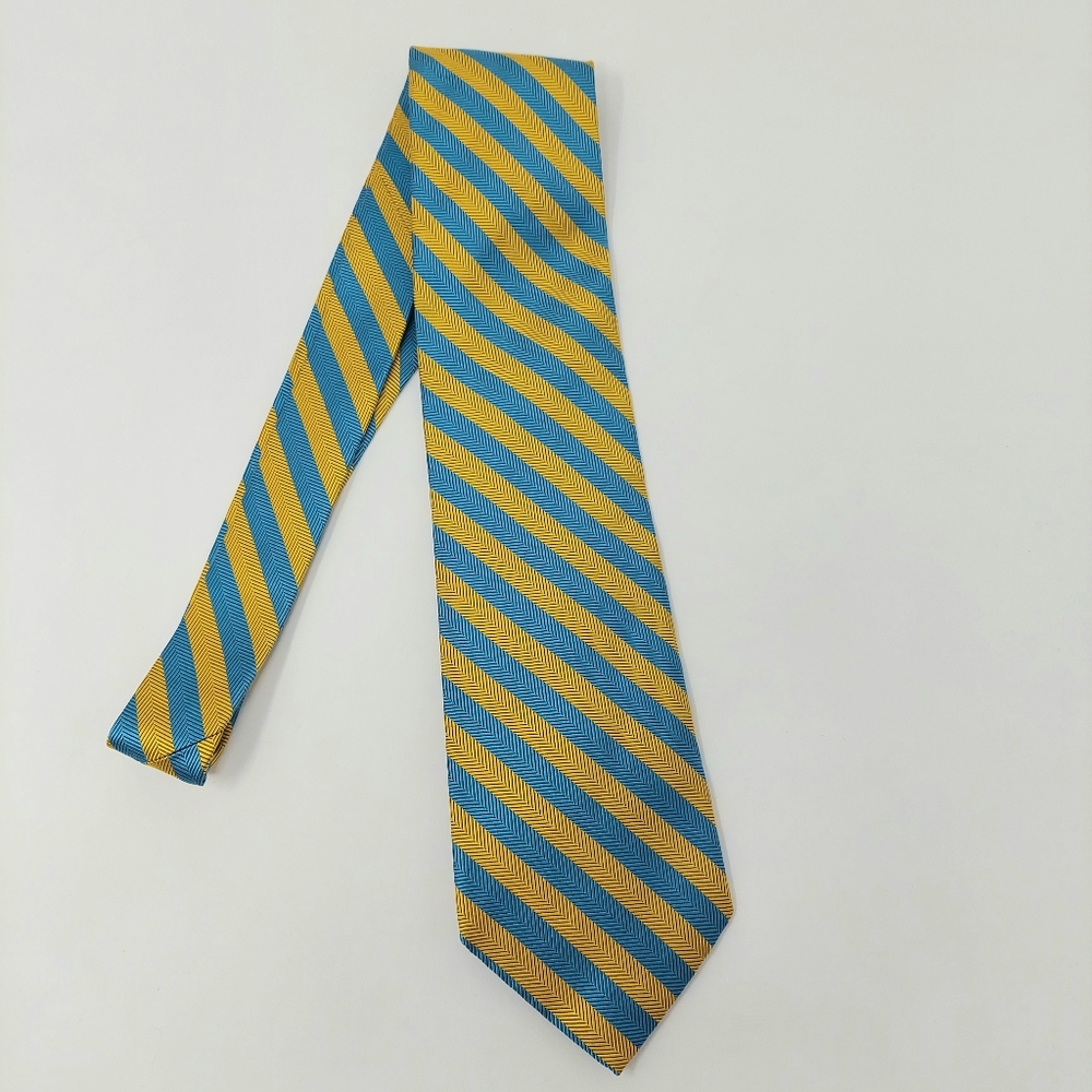 Hickey Freeman Blue Yellow Stripe Silk Tie